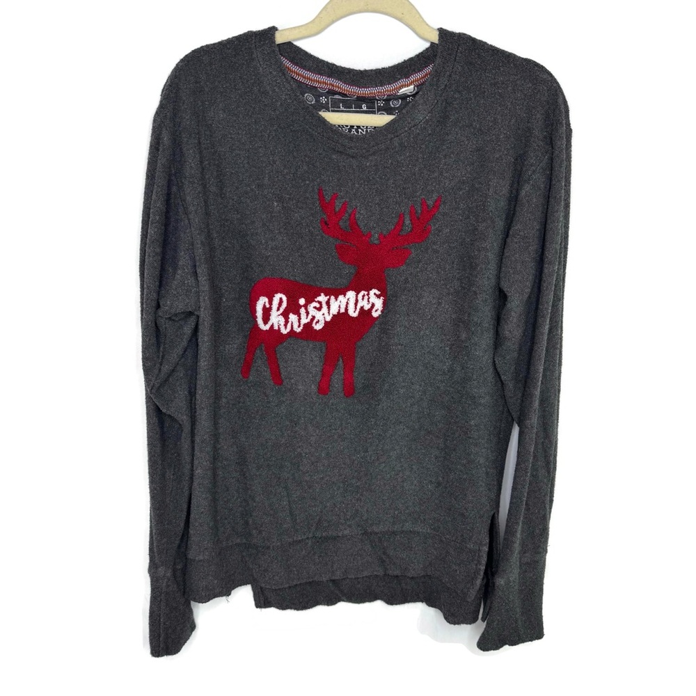 Charcoal Long Sleeve Top with Red Christmas Moose
